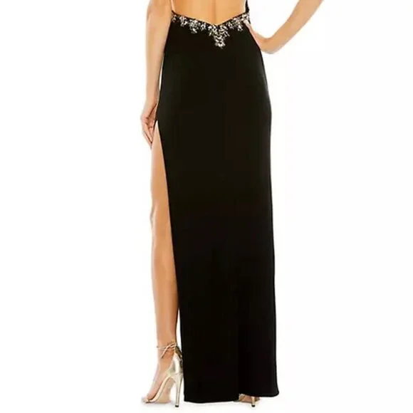 Mac Duggal Black Beaded Open Back Column Gown Side Slit Gown